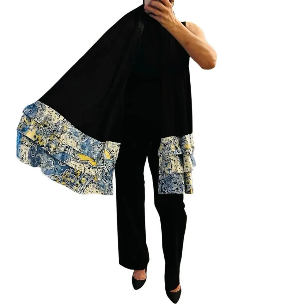 Carlisle Elegant Black Silk Cape Scarf Wrap Blue White Floral Paisley Hem Ruffle